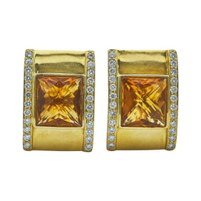 Retro 18K Yellow Gold Square-Shaped Citrine and Diamond Earrings
