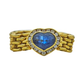 18K Yellow Gold Heart-Shaped Sapphire and Diamond Flexible Chain Ring
