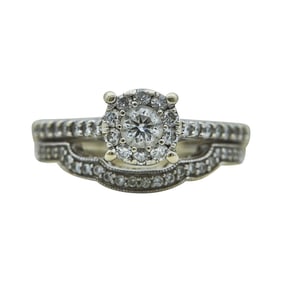 14K White Gold Diamond Halo Cluster Engagement Ring and Wedding Band Bridal Set
