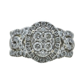 14K White Gold Diamond Cluster Engagement Ring and Wedding Bands Bridal Set