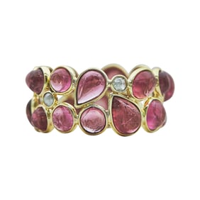 18K Yellow Gold Pink Tourmaline and Rose-Cut Diamond Two Row Band Ring