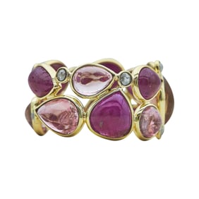 18K Yellow Gold Pink Tourmaline, Ruby and Rose-Cut Diamond Two Row Band Ring