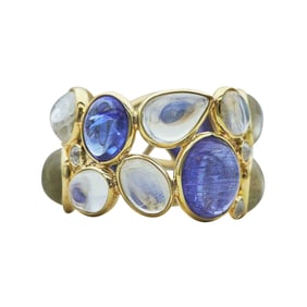 18K Yellow Gold Tanzanite, Moonstone and Rose-Cut Diamond Two Row Band Ring