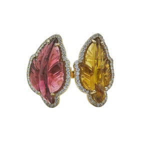 18K Yellow Gold Carved Pink and Yellow Tourmaline and Diamond Open Ring