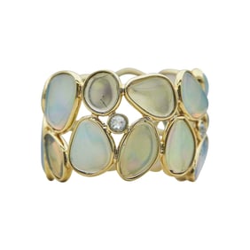 18K Yellow Gold Opal and Rose-Cut Diamond Two Row Band Ring