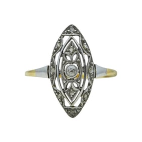18K Yellow Gold and Platinum Round and Rose-Cut Diamond Navette Ring