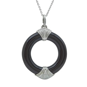 Suarez 18K White Gold Black Onyx and Diamond Round Pendant Necklace