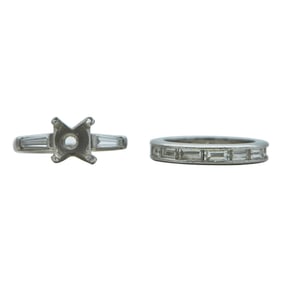 Platinum Diamond Three Stone Engagement Ring Setting and Baguette-Cut Diamond Eternity Band Ring
