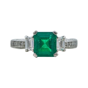 18K White Gold Emerald and Diamond Three Stone Ring