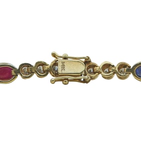 14K Yellow Gold Ruby, Emerald and Sapphire Cabochon and Diamond Tennis Bracelet