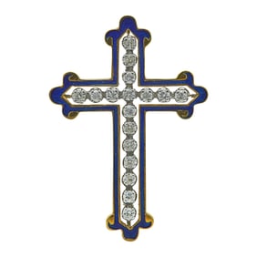 18K White and Yellow Gold Diamond and Blue Enamel Cross Pendant