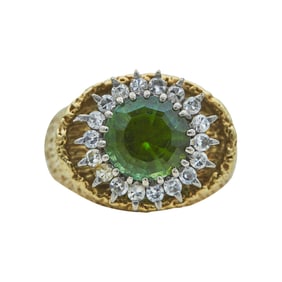 Textured 14K Yellow Gold Green Tourmaline and Diamond Halo Ring