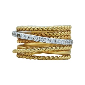 18K Yellow and White Gold Diamond Crossover Band Ring