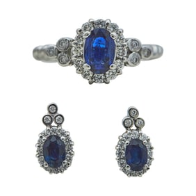 LeVian 14K White Gold Sapphire and Diamond Halo Earrings and Ring Suite