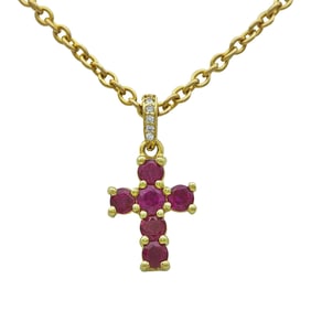 18K Yellow Gold Ruby and Diamond Cross Pendant Necklace