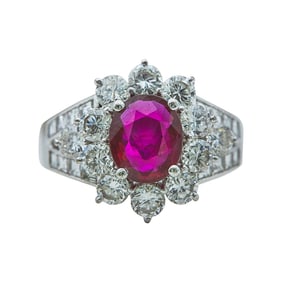 18K White Gold Natural Heated Ruby and Diamond Halo Cluster Ring