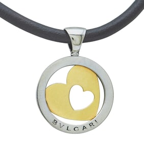 Bvlgari Bulgari Tondo 18K Yellow Gold and Stainless Steel Heart Pendant on Leather Cord Necklace