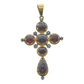 18K Yellow Gold and Silver Garnet and Rose-Cut Diamond Cross Pendant