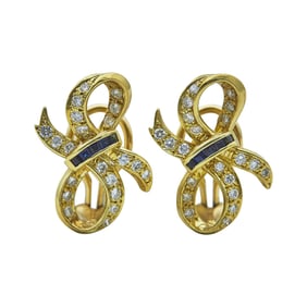 18K Yellow Gold Diamond and Sapphire Bow Ribbon Earrings