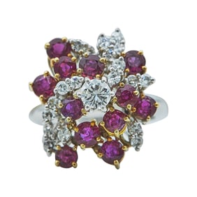 18K Rose and White Gold Ruby and Diamond Cluster Ring