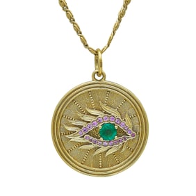 Lehona Ojo Hona 18K Yellow Gold Emerald and Pink Sapphire Eye Medallion Pendant Necklace