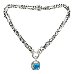 David Yurman Albion Sterling Silver and 18K Yellow Gold Blue Topaz and Diamond Pendant on Double