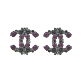 Chanel Base Metal and Imitation Stone Logo Stud Earrings