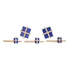 14K Yellow Gold Rope Wrapped Lapis Lazuli  Cufflinks and Shirt Stud Set