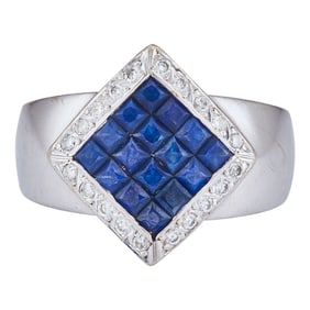 18K White Gold Invisible-Set Sapphire and Diamond Ring