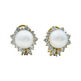 18K Yellow Gold 11mm South Sea Pearl and Diamond Cluster Earrings