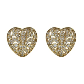 18K Yellow Gold Diamond Fleur-de-lis Heart Earrings