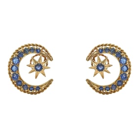 14K Yellow Gold Sapphire Moon and Star Earrings