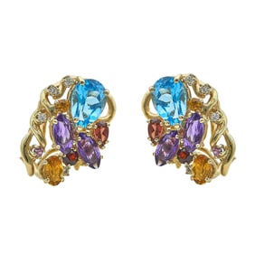 14K Yellow Gold Multi Gem-Set and Diamond Cluster  Earrings