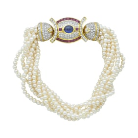 Multi Strand Akoya Pearl Bracelet with 18K Yellow Gold Ruby, Sapphire and Diamond Clasp