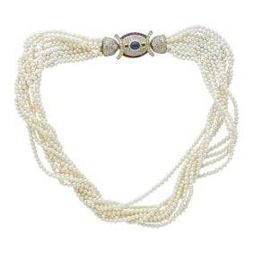 Multi Strand Akoya Pearl Necklace with 18K Yellow Gold Ruby, Sapphire and Diamond Clasp