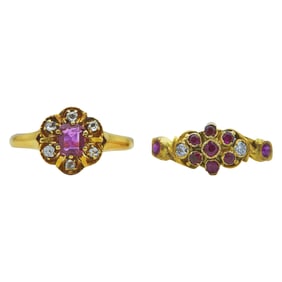 Lot of 2 18K and 14K Yellow Gold Ruby and Diamond Rings