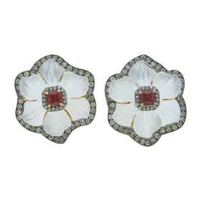 14K Yellow Gold and Silver Carved Rock Crystal, Spinel and Diamond Flower Earrings