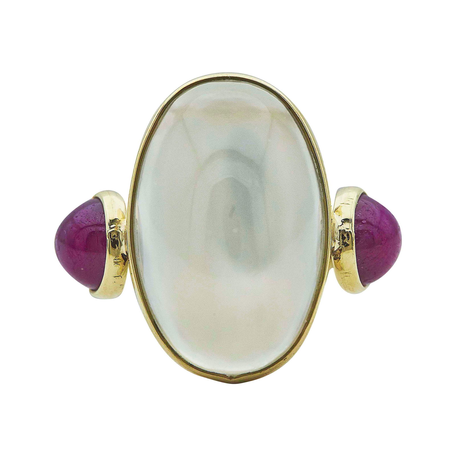 18K Yellow Gold Bezel-Set Grey Moonstone and Ruby Cabochon Three Stone Ring (1 of 3)