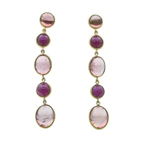 18K Yellow Gold Bezel-Set Pink Tourmaline and Ruby Cabochon Pendant Earrings