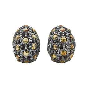 18K Yellow Gold and Sterling Silver Domed Hoop Earrings