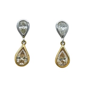 18K Yellow and White Gold Pear-Shaped Colorless and Light Brown Diamond Drop Earrings