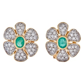18K Yellow Gold Oval-Cut Emerald and Diamond Flower Earrings