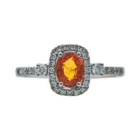 18K White Gold Oval-Shaped Orange Sapphire and Diamond Halo Ring