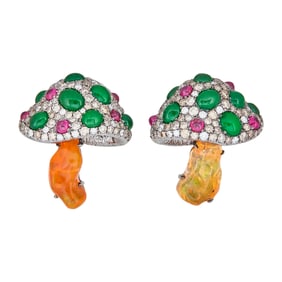 Blackened 18K White Gold Diamond, Jadeite, Ruby and Fire Opal Mushroom Earrings
