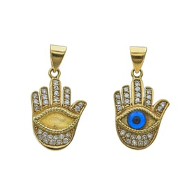 Set of 2 18K Yellow Gold Diamond and Glass Eye Hamsa Hand Pendant Charms