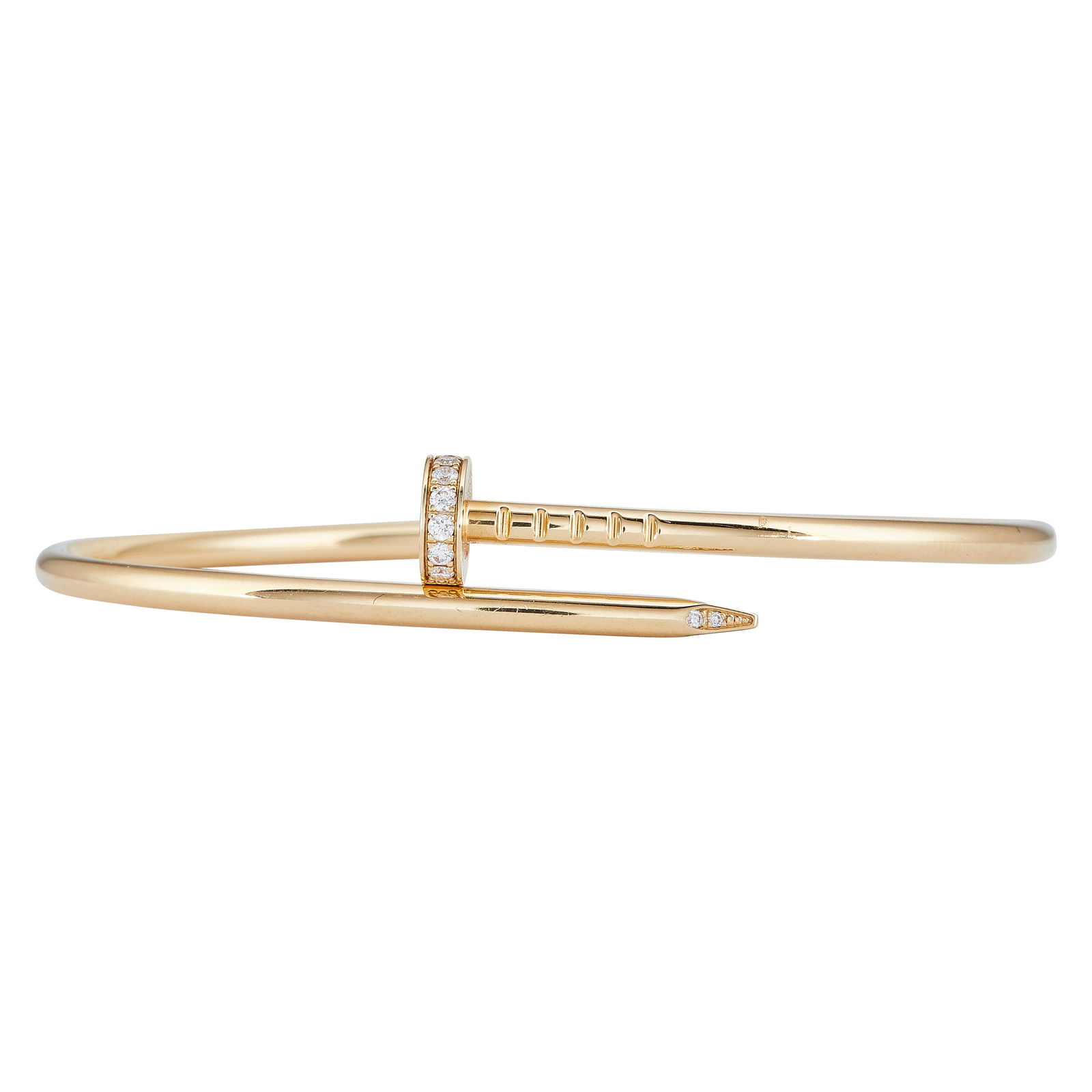 Cartier Juste un Clou 18K Yellow Gold Diamond Bracelet, size 17: BRAND: Cartier; COLLECTION: Juste un Clou; METAL: 18K Yellow Gold; APPROXIMATE TOTAL DIAMOND WEIGHT: 0.18 ctw; STAMPED: Cartier, 17, numbered, Au750, maker's mark; CONDITION: Pre-owned, Very Good; ITE
