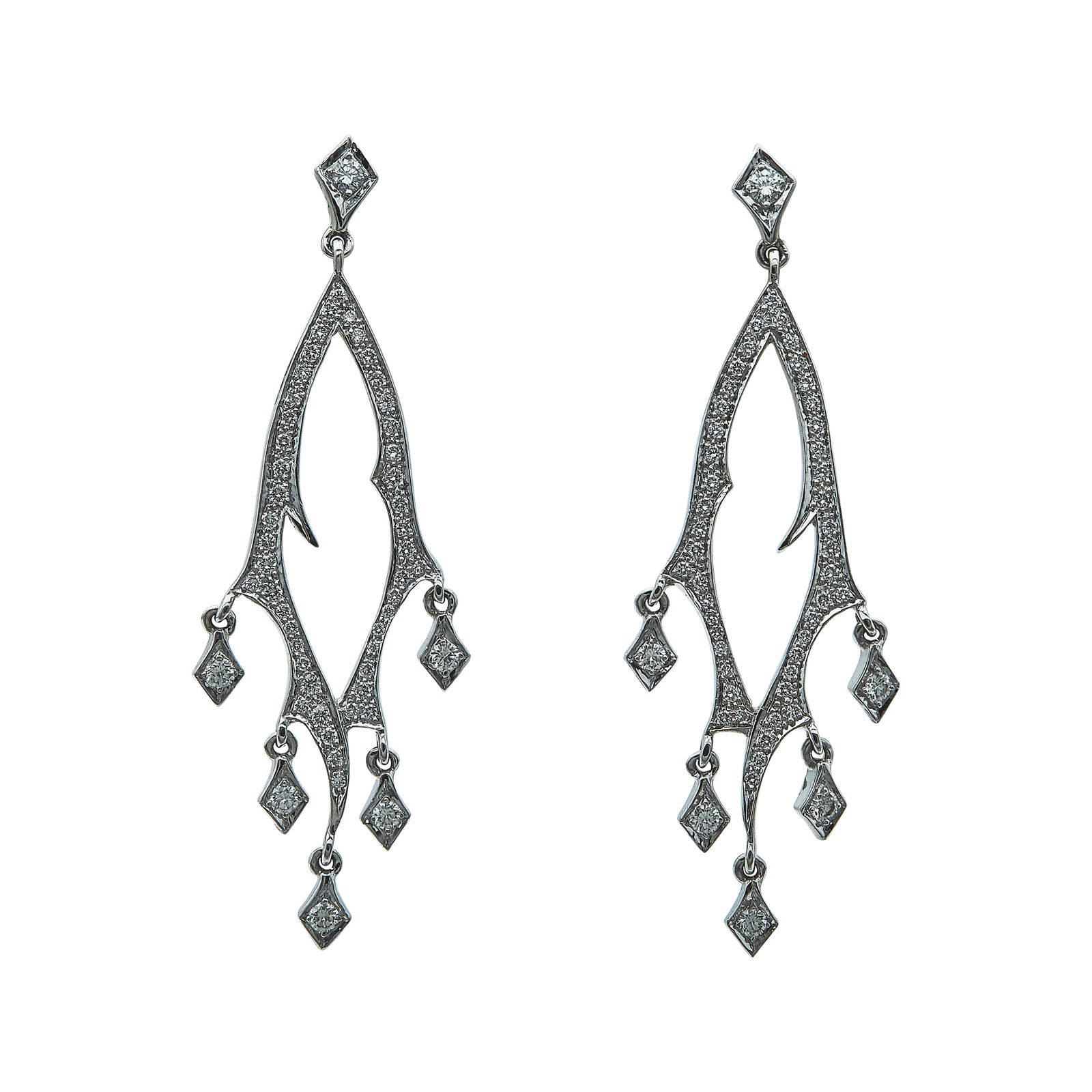 18K White Gold Diamond Chandelier Earrings: METAL: 18K White Gold; APPROXIMATE TOTAL DIAMOND WEIGHT: 1.54 ctw; STAMPED: 750, hallmarks; CONDITION: Pre-owned, Very Good; ITEM WEIGHT (GRAMS): 9.03 g; MEASUREMENTS: 53mm x 15mm