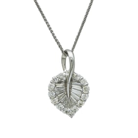 18K White Gold Round and Tapered Baguette-Cut Diamond Leaf Pendant Necklace