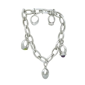 18K White Gold Charm Bracelet with Diamond and Colored Gemstone Miniature Ring Charms