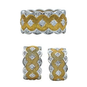 18K White Gold and Brushed Yellow Gold Diamond Band Ring and Half Hoop Earrings Suite